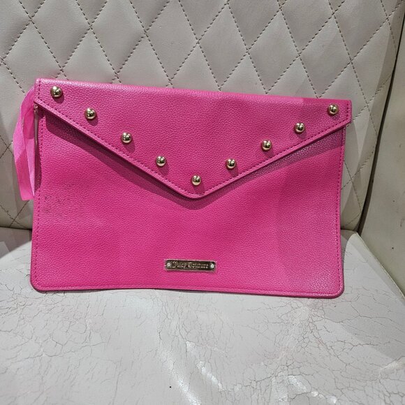Juicy Couture Pink Faux Leather Envelope Clutch With Gold Stud Accents & Logo Pl - Picture 1 of 5